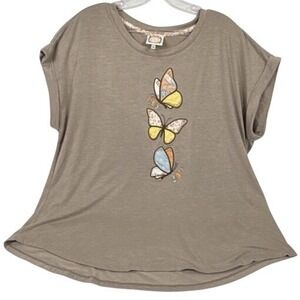 Plus Size Butterfly Graphic T Shirt 1X Womens Tan Short Sleeve Tee Top